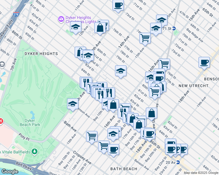 map of restaurants, bars, coffee shops, grocery stores, and more near 8402 15th Avenue in Brooklyn