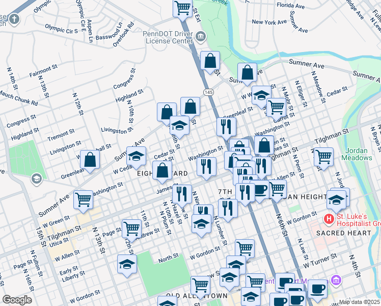 map of restaurants, bars, coffee shops, grocery stores, and more near 824 West Carrott Street in Allentown