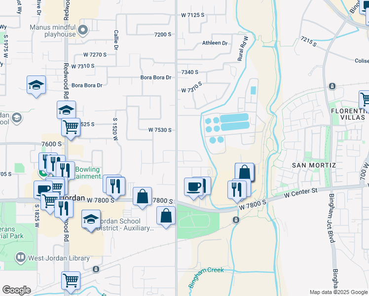 map of restaurants, bars, coffee shops, grocery stores, and more near 1268 West Brinkerhoff Drive in West Jordan