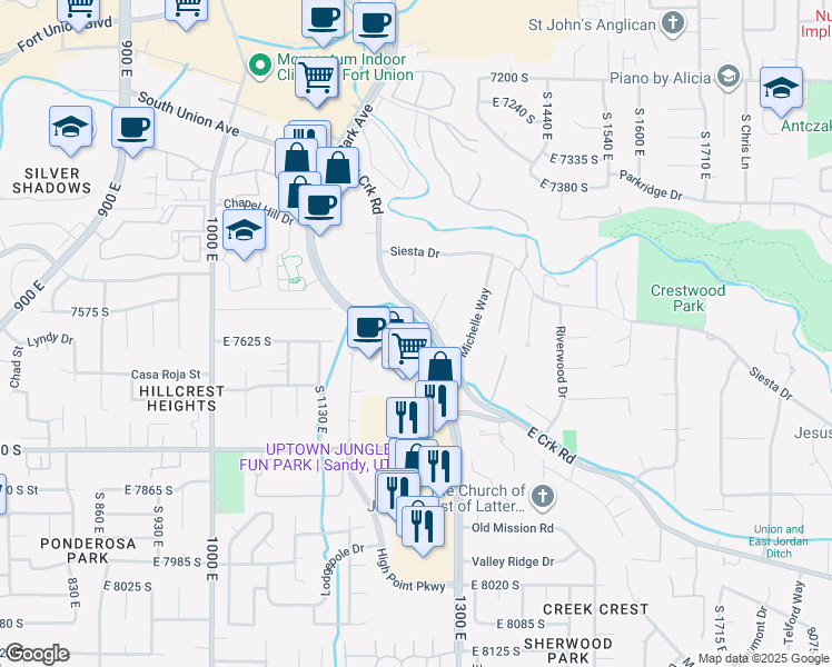 map of restaurants, bars, coffee shops, grocery stores, and more near 7611 Union Park Avenue in Sandy