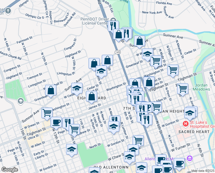 map of restaurants, bars, coffee shops, grocery stores, and more near 824 West Carrott Street in Allentown