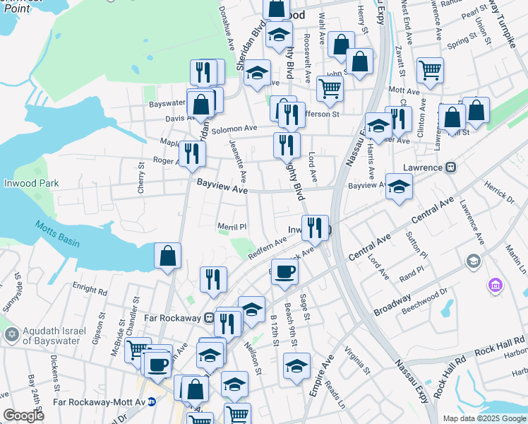 map of restaurants, bars, coffee shops, grocery stores, and more near 15 Alvin Place in Inwood