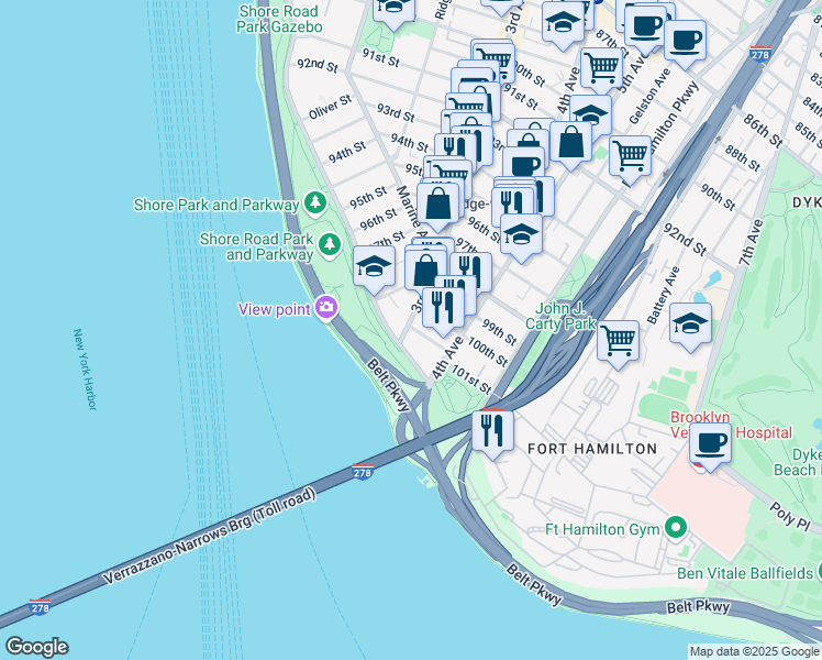 map of restaurants, bars, coffee shops, grocery stores, and more near 302 101st Street in Brooklyn