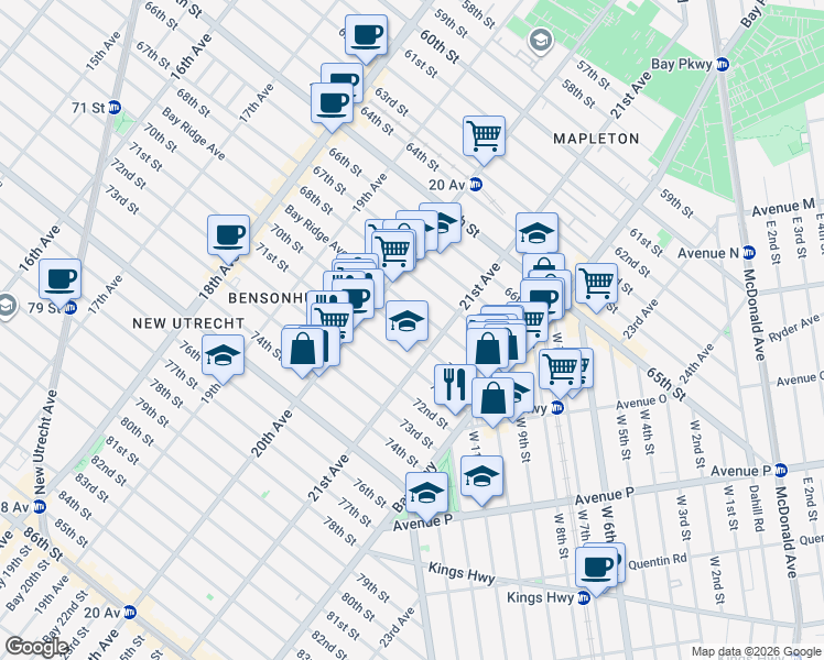 map of restaurants, bars, coffee shops, grocery stores, and more near 2062 70th Street in Brooklyn