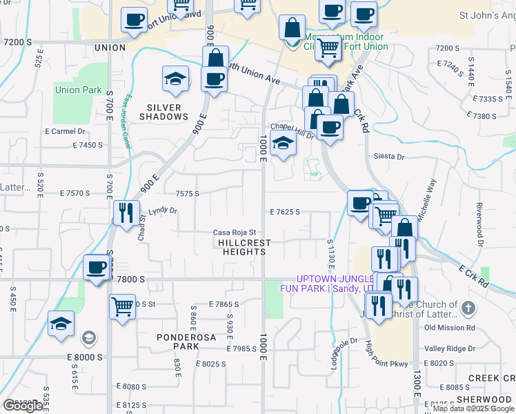 map of restaurants, bars, coffee shops, grocery stores, and more near 7614 South 1000 East in Midvale