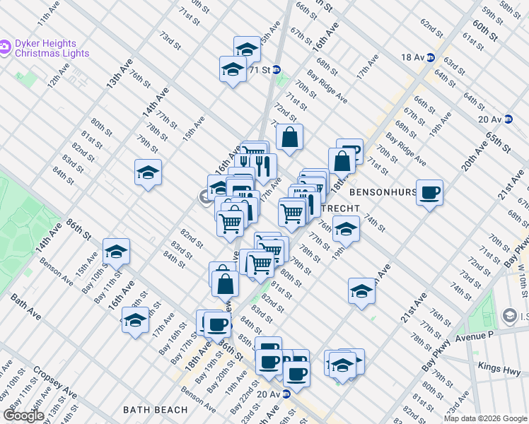 map of restaurants, bars, coffee shops, grocery stores, and more near 1711 78th Street in Brooklyn