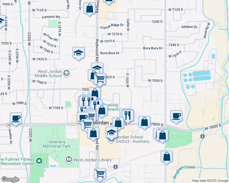 map of restaurants, bars, coffee shops, grocery stores, and more near Sunrise Place West in West Jordan