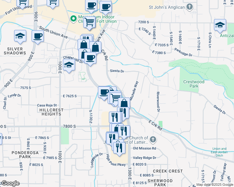 map of restaurants, bars, coffee shops, grocery stores, and more near 7582 Union Park Avenue in Midvale