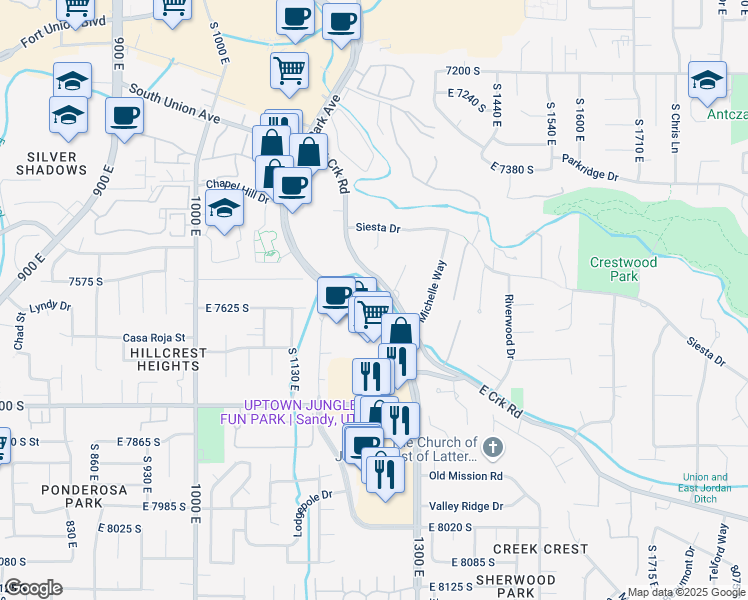 map of restaurants, bars, coffee shops, grocery stores, and more near 7582 Union Park Avenue in Midvale
