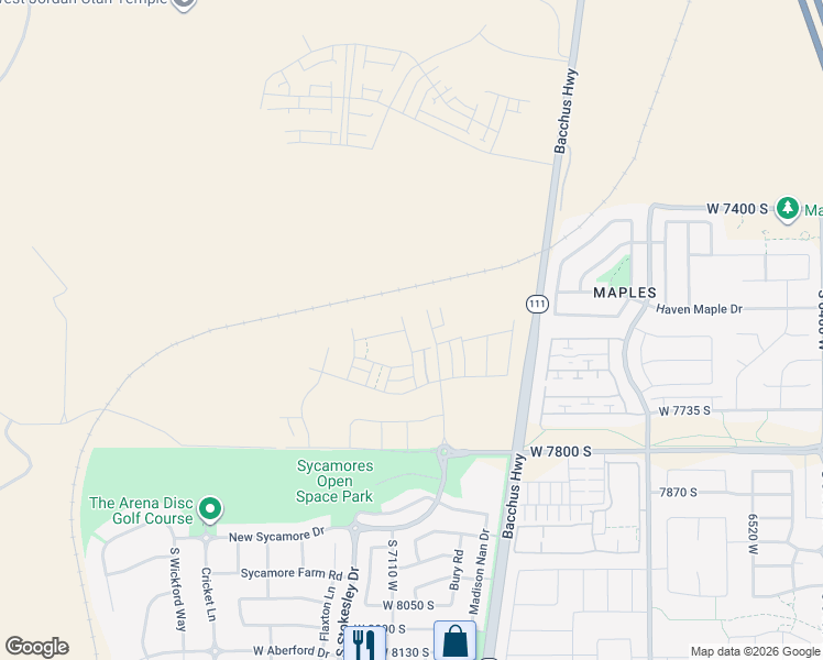 map of restaurants, bars, coffee shops, grocery stores, and more near 7636 New Sycamore Drive in West Jordan