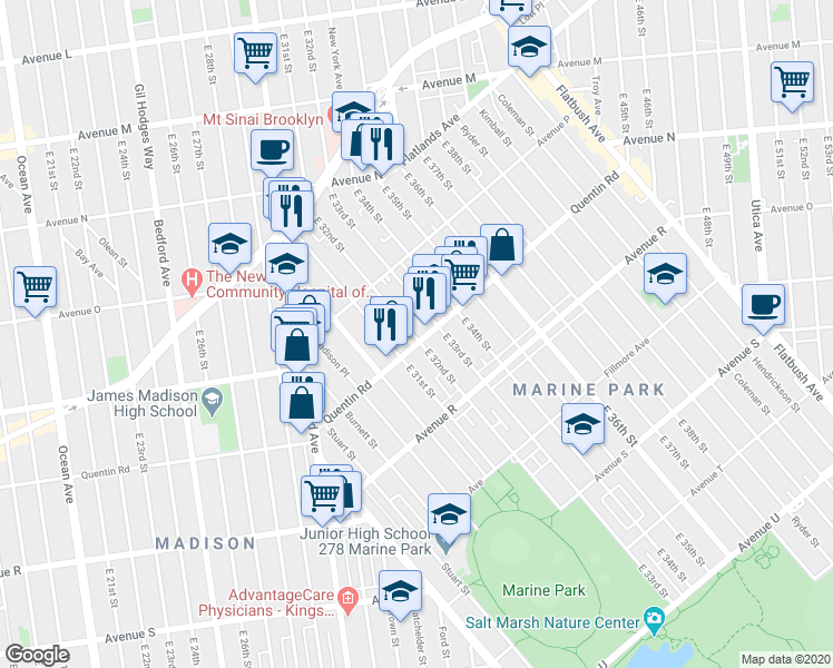 map of restaurants, bars, coffee shops, grocery stores, and more near 3120 Quentin Road in Brooklyn