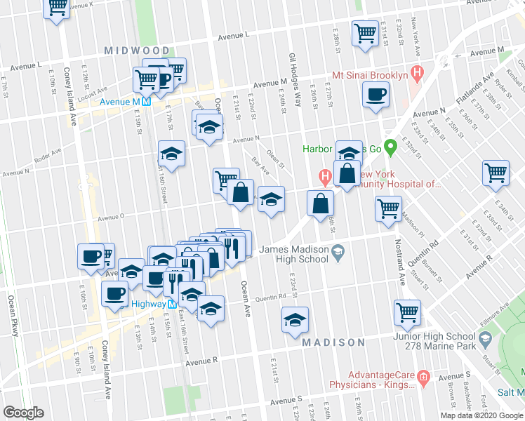 map of restaurants, bars, coffee shops, grocery stores, and more near 1656 East 21st Street in Brooklyn