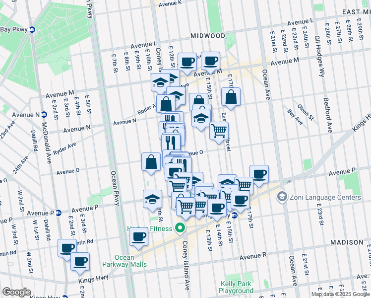 map of restaurants, bars, coffee shops, grocery stores, and more near 1114 Avenue O in Brooklyn