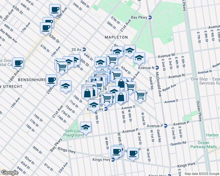 map of restaurants, bars, coffee shops, grocery stores, and more near 1345 West 7th Street in Brooklyn