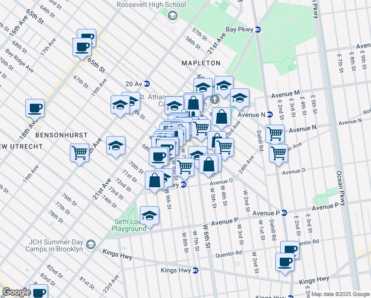 map of restaurants, bars, coffee shops, grocery stores, and more near 1345 West 7th Street in Brooklyn