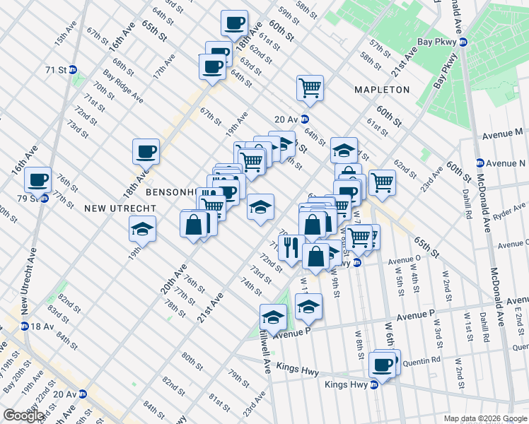 map of restaurants, bars, coffee shops, grocery stores, and more near 2062 70th Street in Brooklyn