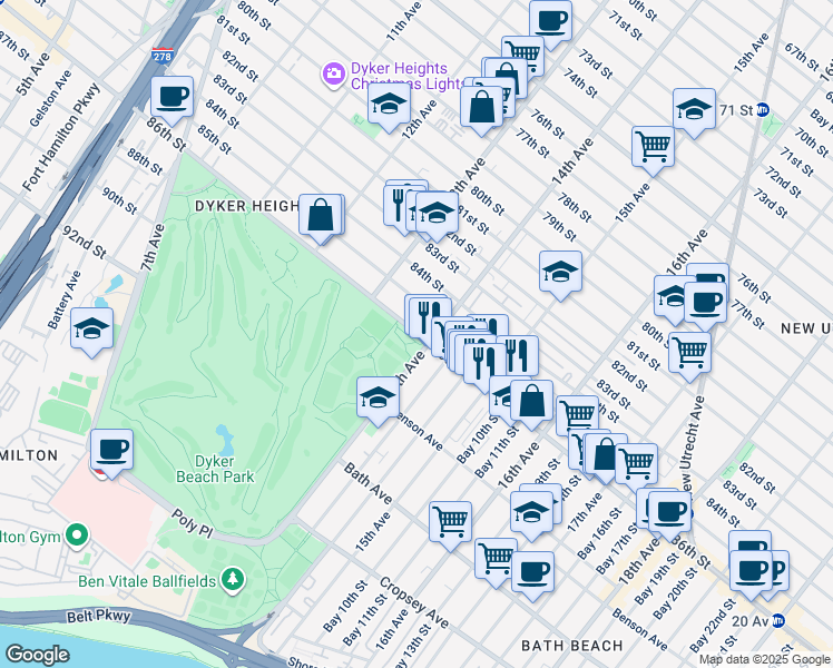 map of restaurants, bars, coffee shops, grocery stores, and more near 1408 86th Street in Brooklyn