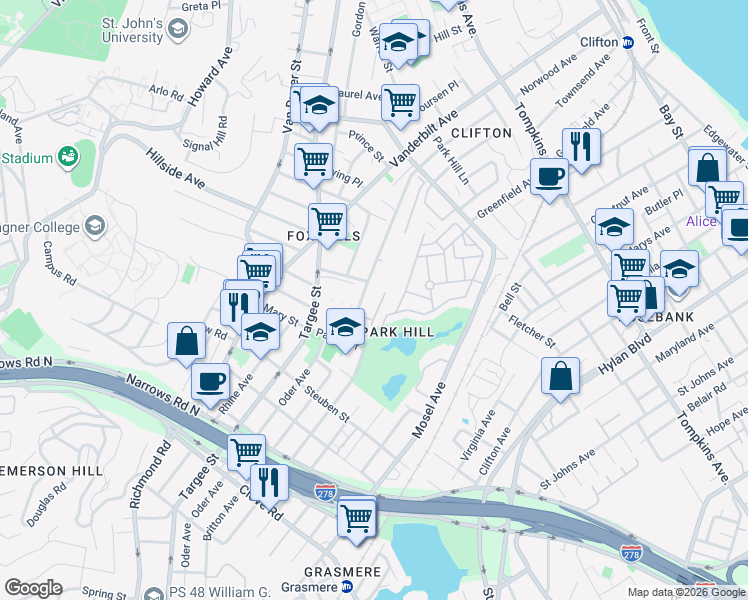map of restaurants, bars, coffee shops, grocery stores, and more near in Staten Island