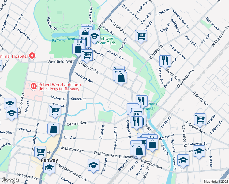 map of restaurants, bars, coffee shops, grocery stores, and more near 1593 Oliver Street in Rahway