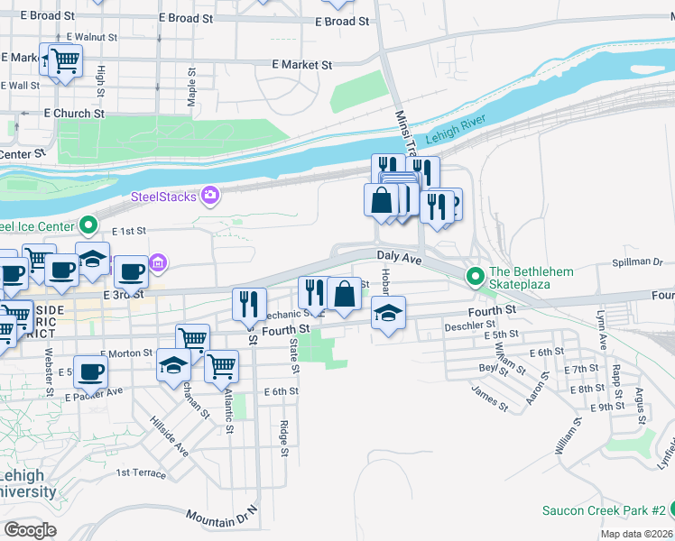 map of restaurants, bars, coffee shops, grocery stores, and more near 1134 East 3rd Street in Bethlehem