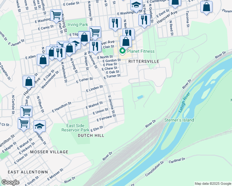map of restaurants, bars, coffee shops, grocery stores, and more near 1023 East Walnut Street in Allentown