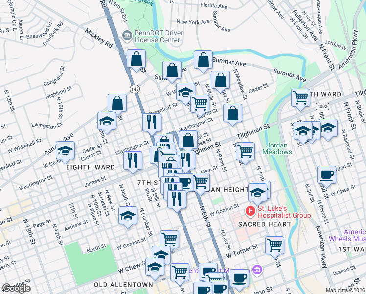 map of restaurants, bars, coffee shops, grocery stores, and more near 538 Tilghman Street in Allentown