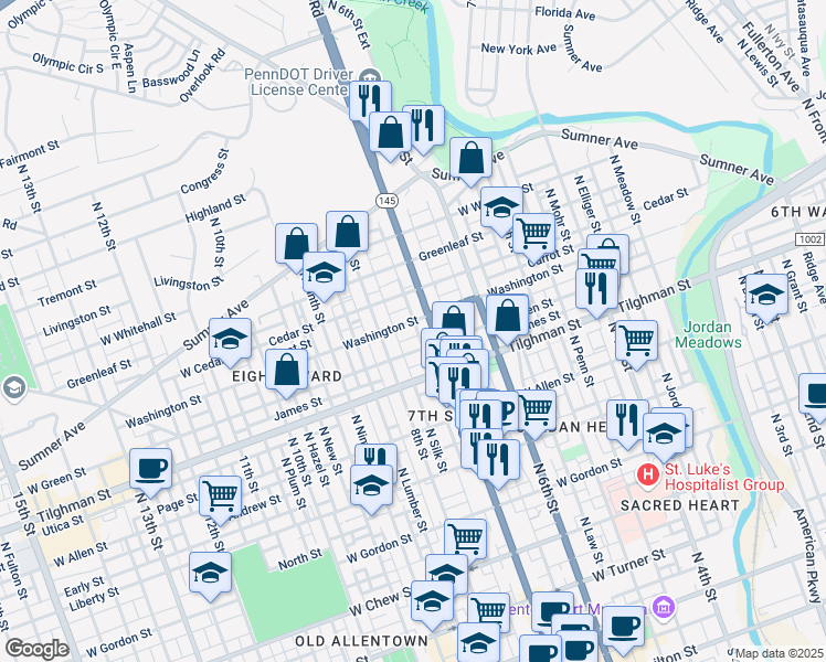 map of restaurants, bars, coffee shops, grocery stores, and more near 724 North 7th Street in Allentown