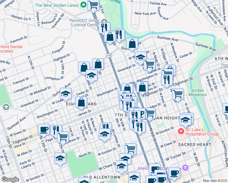 map of restaurants, bars, coffee shops, grocery stores, and more near 739 North Eighth Street in Allentown