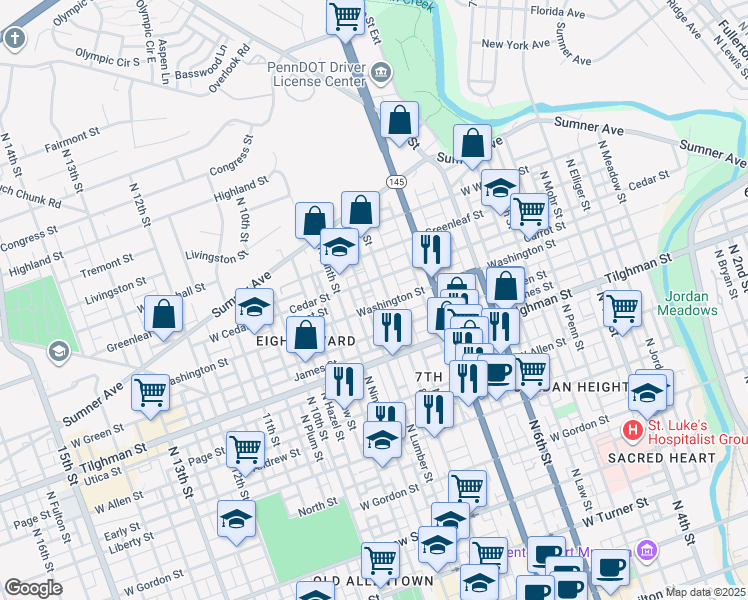 map of restaurants, bars, coffee shops, grocery stores, and more near 756 North Lumber Street in Allentown