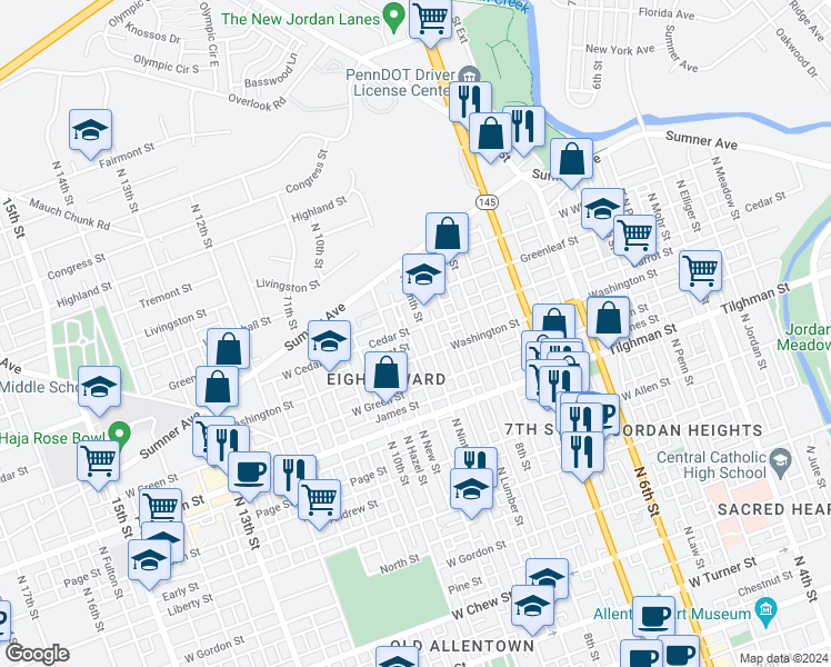 map of restaurants, bars, coffee shops, grocery stores, and more near 915 Washington Street in Allentown