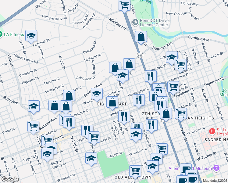 map of restaurants, bars, coffee shops, grocery stores, and more near 140 Carrot Street in Allentown