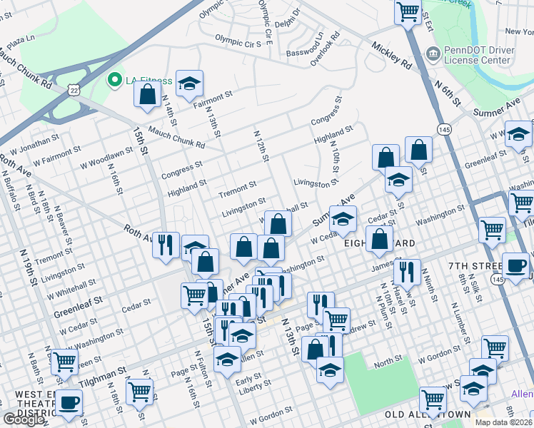 map of restaurants, bars, coffee shops, grocery stores, and more near 1228 West Whitehall Street in Allentown