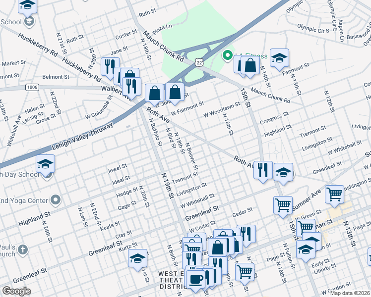 map of restaurants, bars, coffee shops, grocery stores, and more near 1118 North 18th Street in Allentown