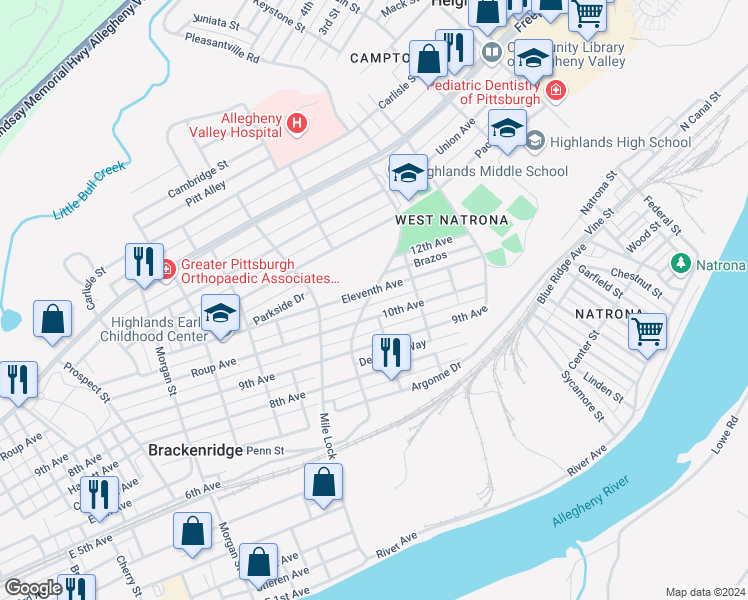 map of restaurants, bars, coffee shops, grocery stores, and more near 1253 10th Avenue in Natrona Heights