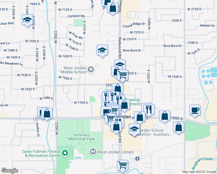 map of restaurants, bars, coffee shops, grocery stores, and more near 1805 West 7600 South in West Jordan