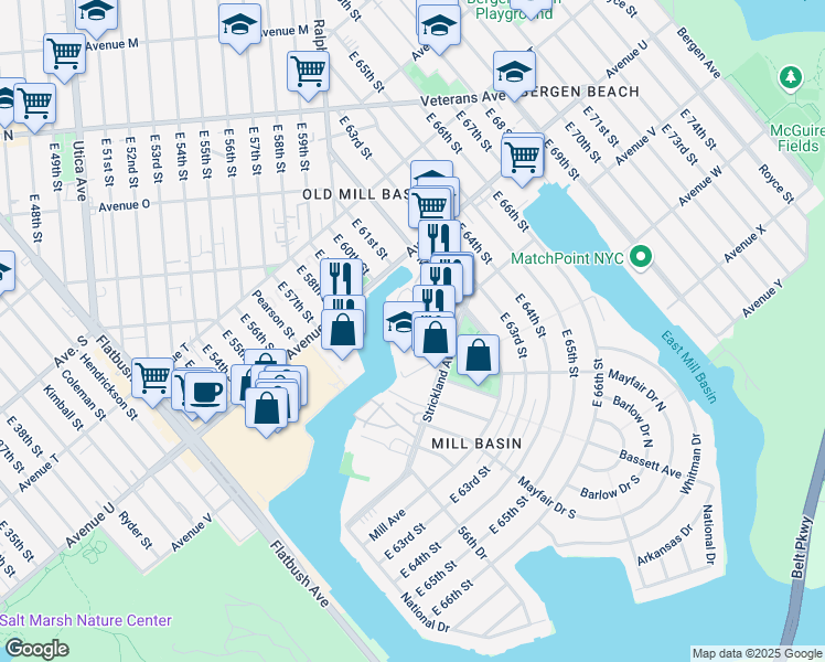 map of restaurants, bars, coffee shops, grocery stores, and more near 2124 Mill Ave in Brooklyn