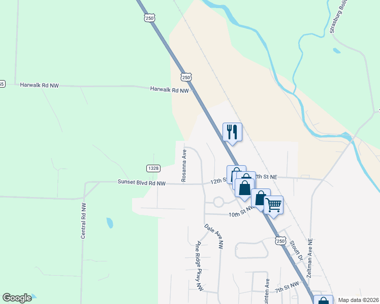 map of restaurants, bars, coffee shops, grocery stores, and more near 181 Rosanna Ave in Strasburg