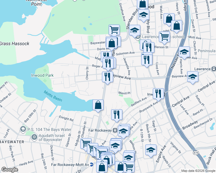 map of restaurants, bars, coffee shops, grocery stores, and more near 50 Sheridan Boulevard in Inwood