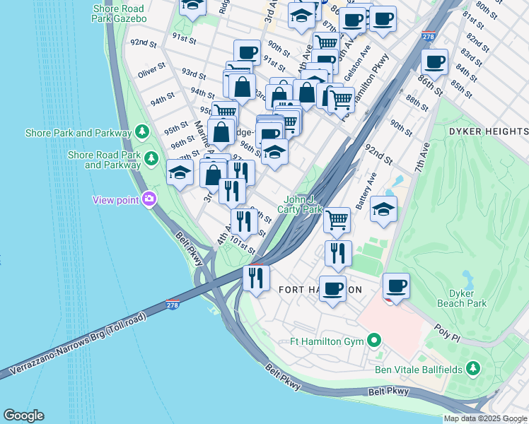 map of restaurants, bars, coffee shops, grocery stores, and more near 431 100th Street in Brooklyn