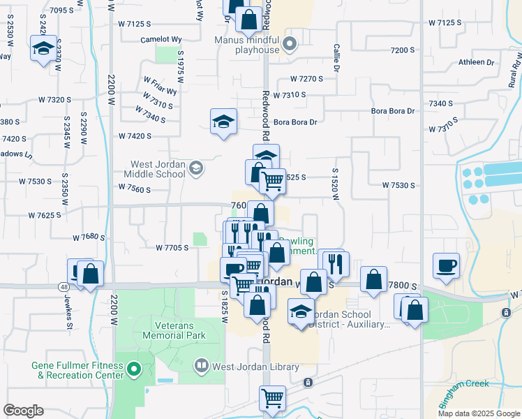 map of restaurants, bars, coffee shops, grocery stores, and more near 7628 South Redwood Road in West Jordan