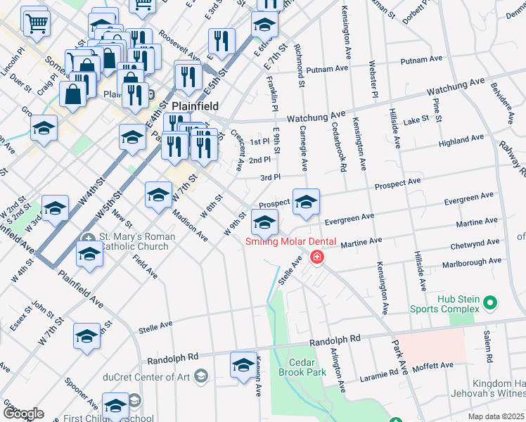 map of restaurants, bars, coffee shops, grocery stores, and more near 905 Park Avenue in Plainfield