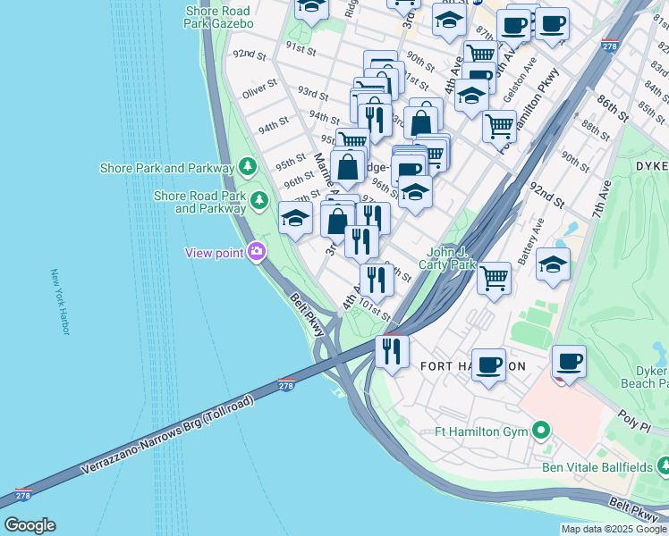 map of restaurants, bars, coffee shops, grocery stores, and more near 313 101st Street in Brooklyn