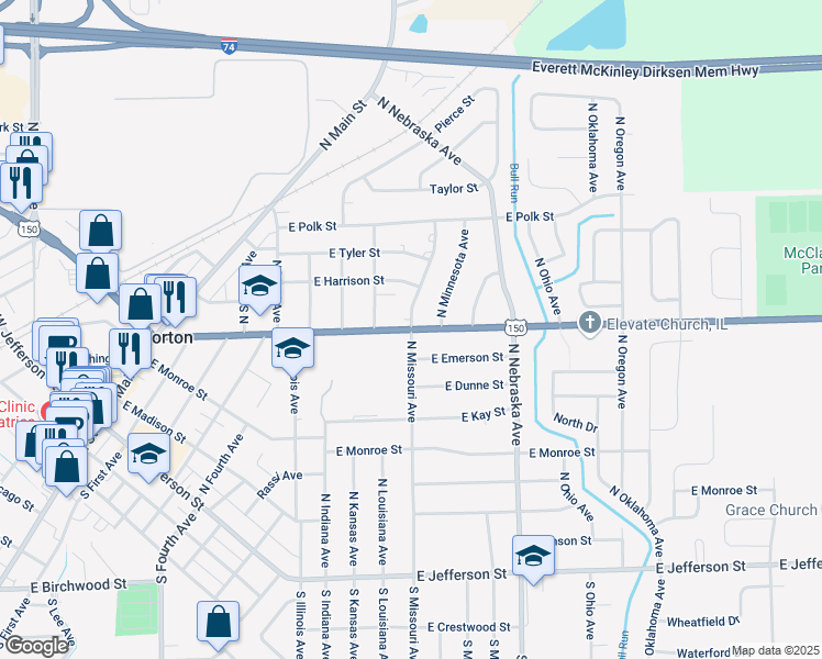 map of restaurants, bars, coffee shops, grocery stores, and more near 409 North Missouri Avenue in Morton
