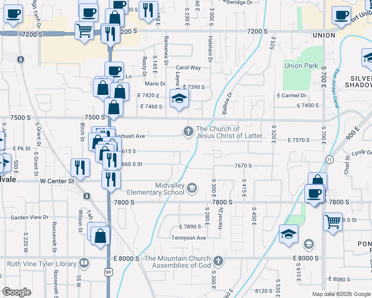 map of restaurants, bars, coffee shops, grocery stores, and more near 235 East 7615 South Street in Midvale