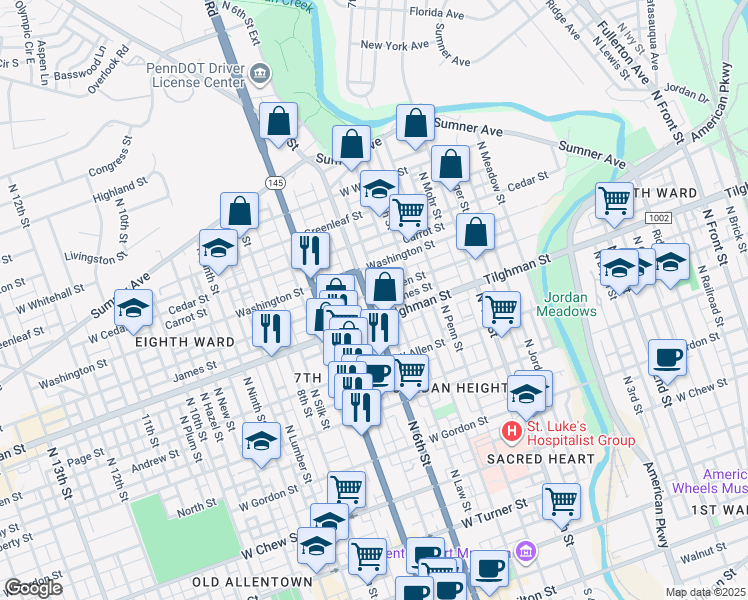 map of restaurants, bars, coffee shops, grocery stores, and more near 538 Tilghman Street in Allentown