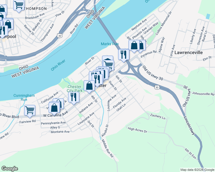 map of restaurants, bars, coffee shops, grocery stores, and more near 515 Church Alley in Chester