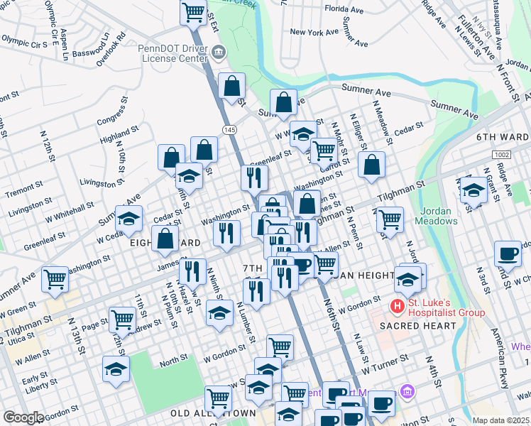 map of restaurants, bars, coffee shops, grocery stores, and more near 724 North 7th Street in Allentown