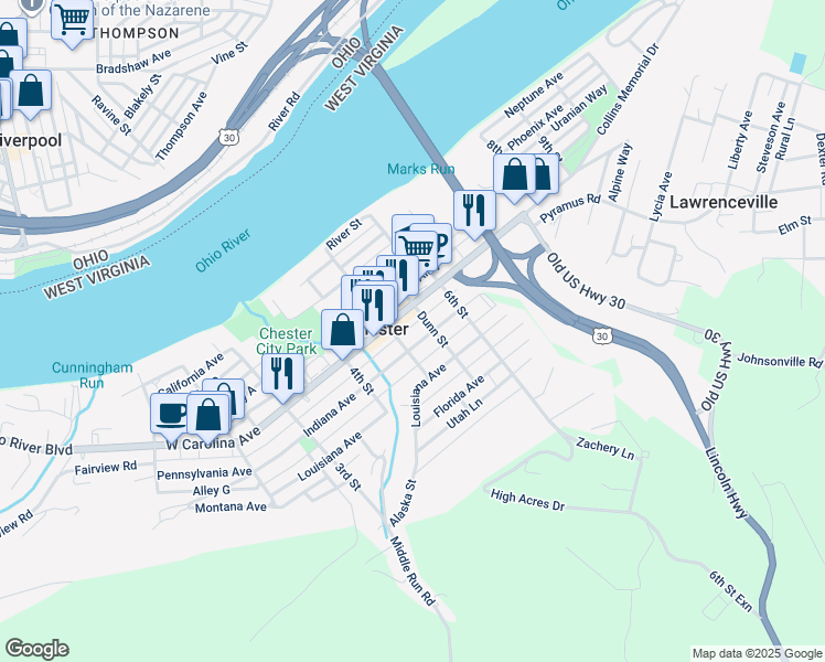 map of restaurants, bars, coffee shops, grocery stores, and more near 528 Church Alley in Chester