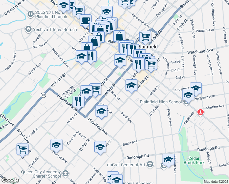 map of restaurants, bars, coffee shops, grocery stores, and more near 426 West 6th Street in Plainfield