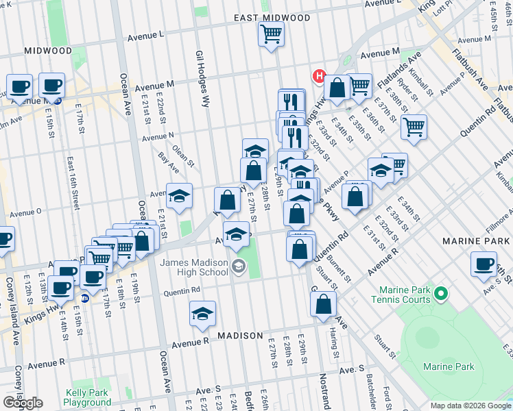 map of restaurants, bars, coffee shops, grocery stores, and more near 1569 East 27th Street in Brooklyn